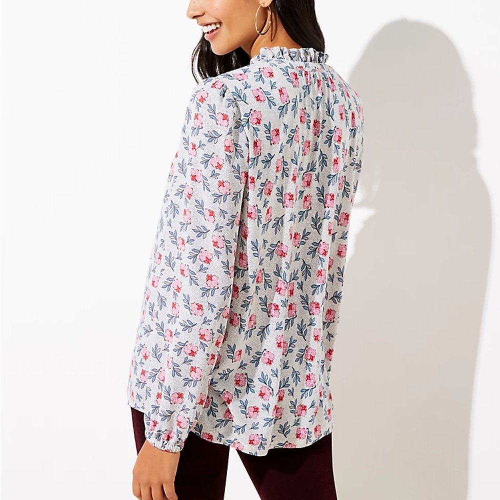 LOFT | Floral Ruffled Henley Mixed Media Blouse - Picture 3 of 3